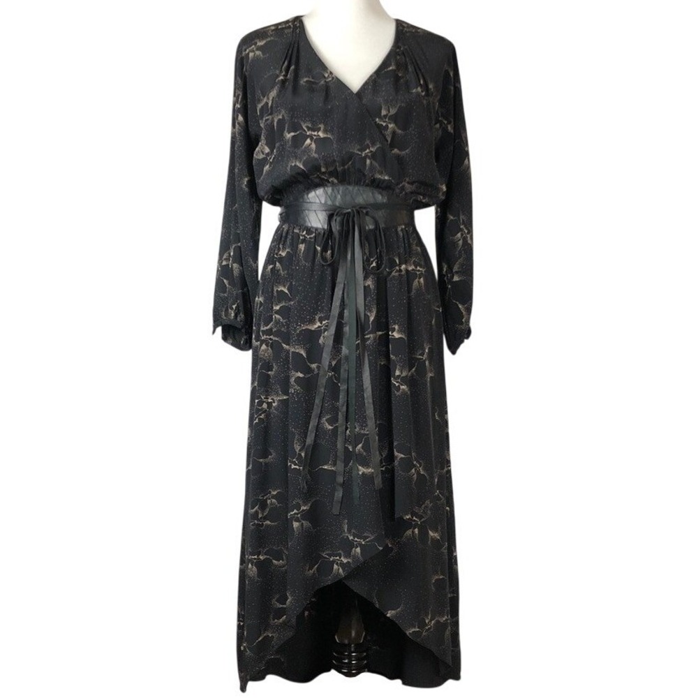 REBECCA TAYLOR Silk High-Low Wrap Midi Dress Leather Belted Sz 4 Black Floral